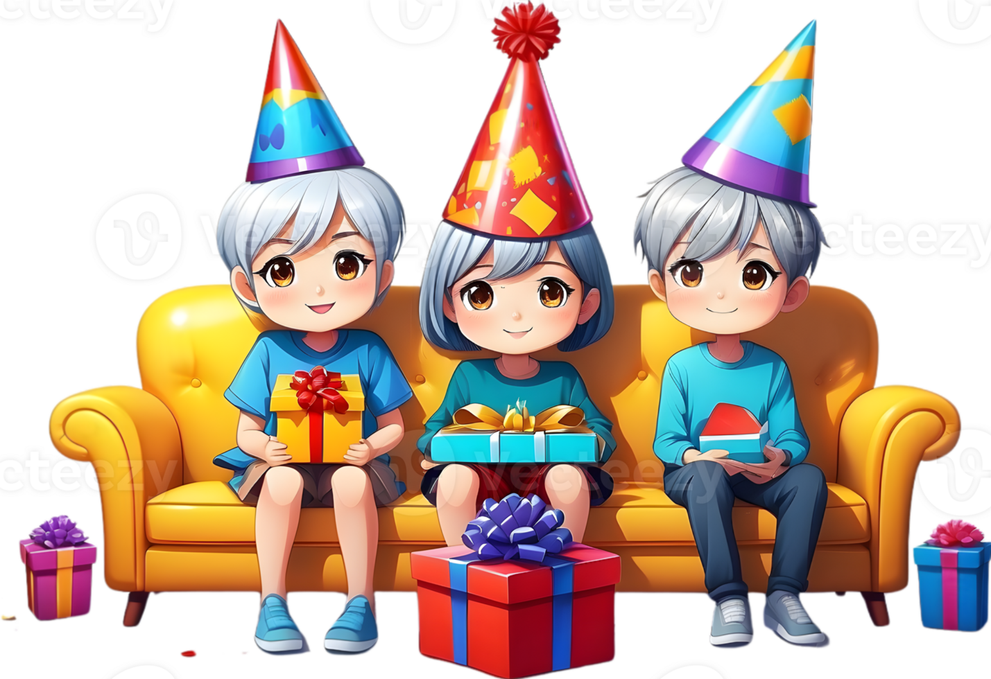 AI generated happy cartoon family sitting sofa with party hat ai generated png