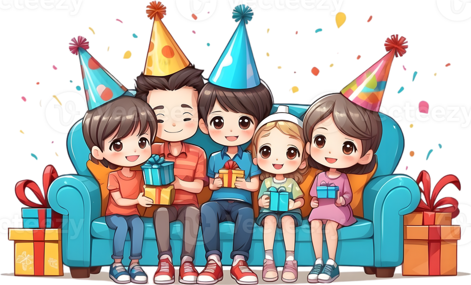 AI generated happy cartoon family sitting sofa with party hat ai generated png