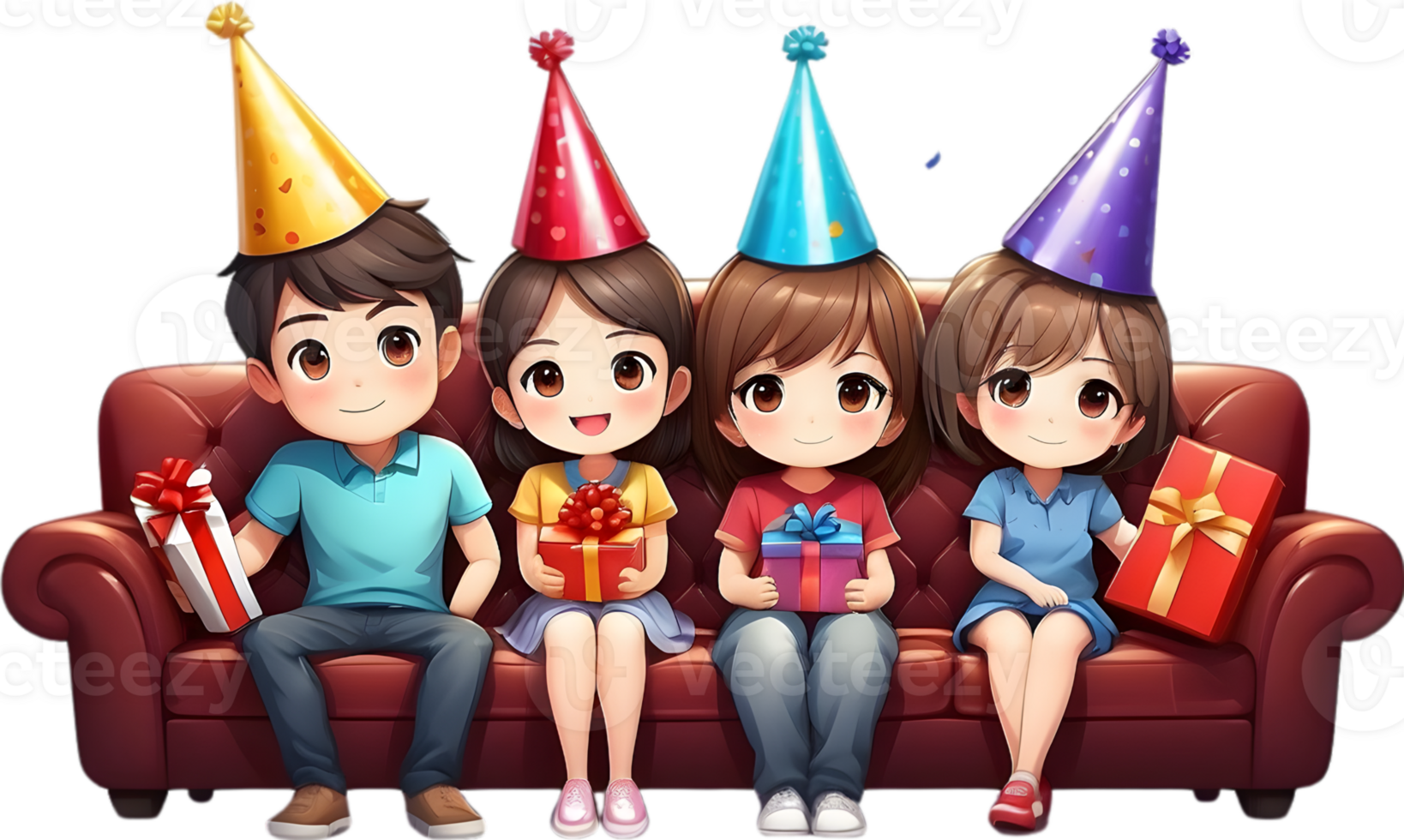 AI generated happy cartoon family sitting sofa with party hat ai generated png