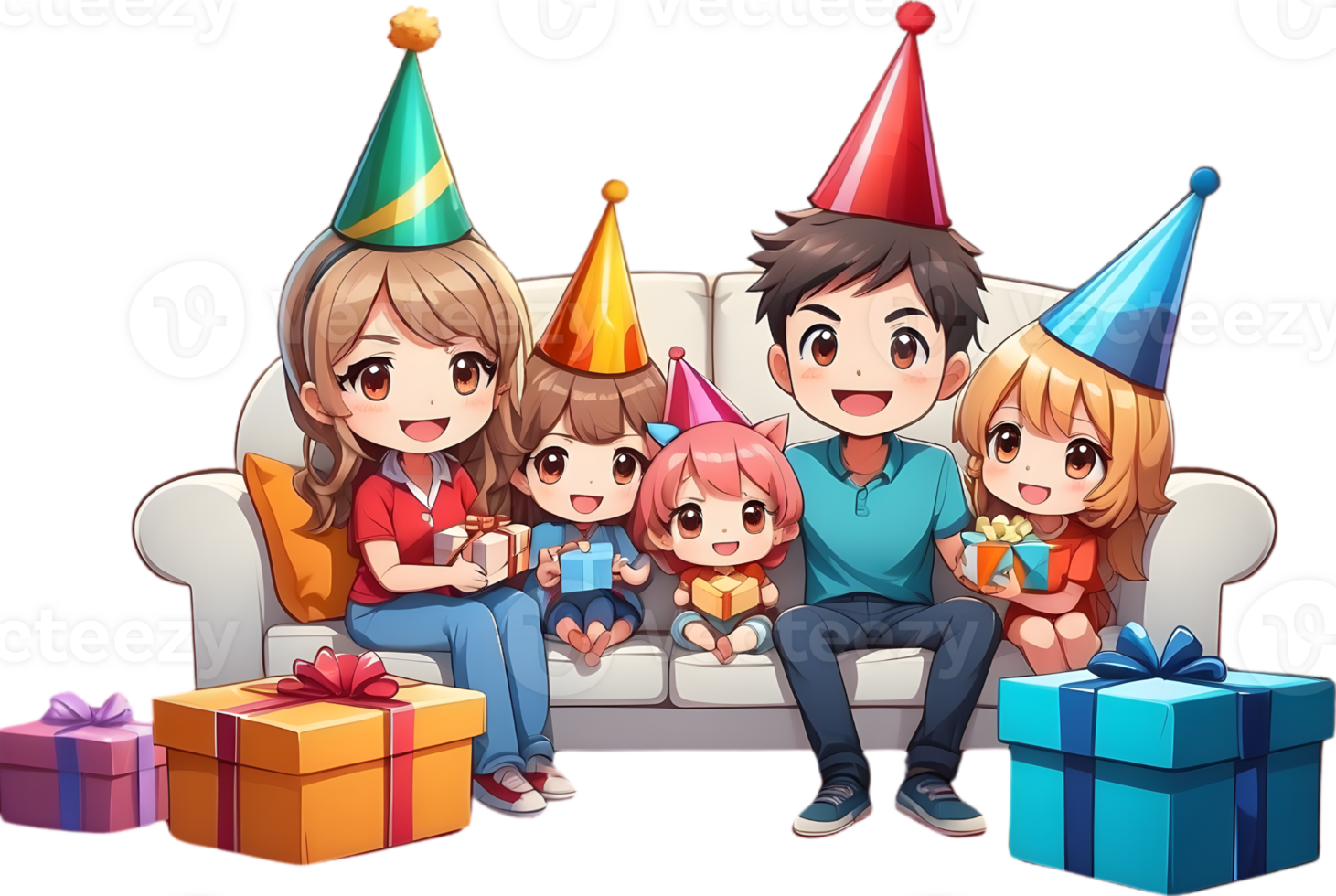 AI generated happy cartoon family sitting sofa with party hat ai generated png