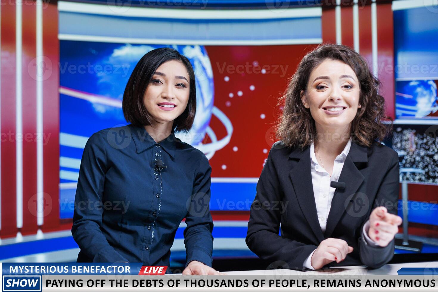 Anonymous sponsor paying debts for people in need, journalists team discussing about generous misterious benefactor donating part of his money. Morning show hosts presenting live news. photo