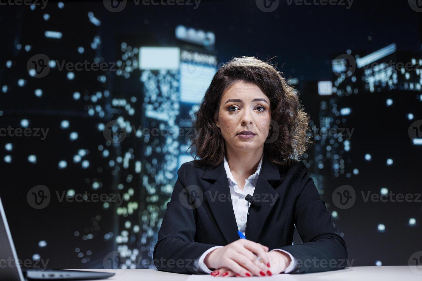 TV show host reading news headlines and hosting entertainment segment with latest events and information. Woman presenter working on media and television network, reporting live incidents. photo