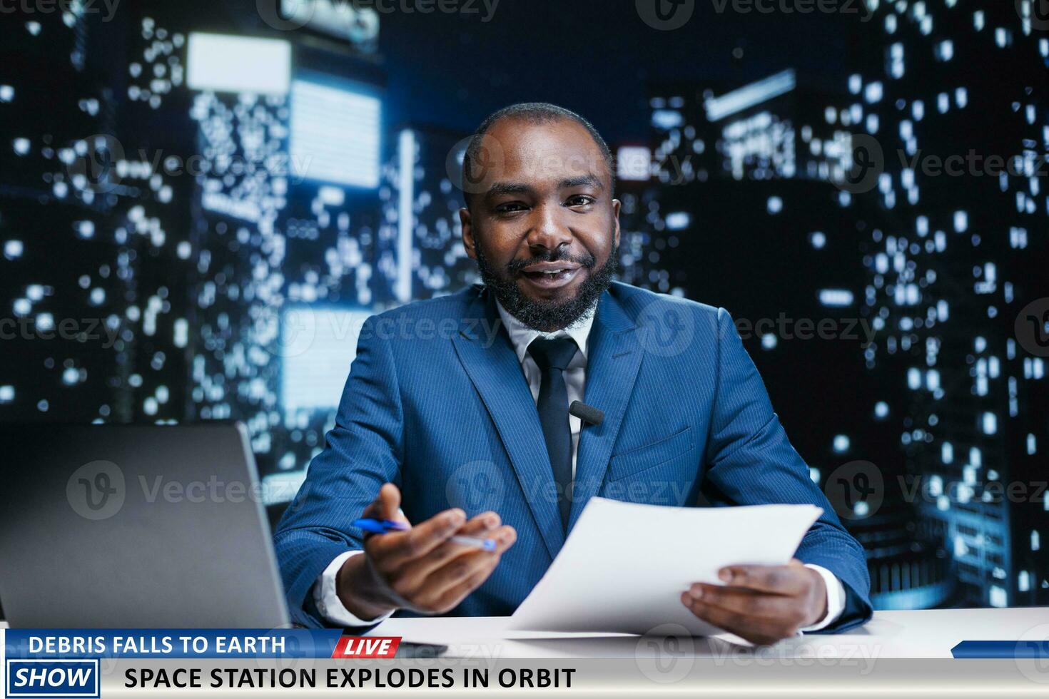 Breaking news about orbit explosion, debris falling from the sky and floating around the atmosphere. Man presenter creating newscast on space station bursting to flames, night show host. photo