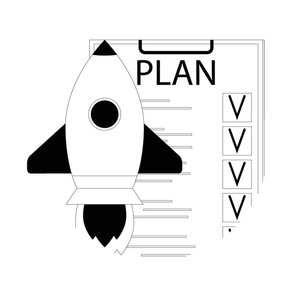 Plan checklist for launch startup. Rocket up line linear icon. Vector illustration