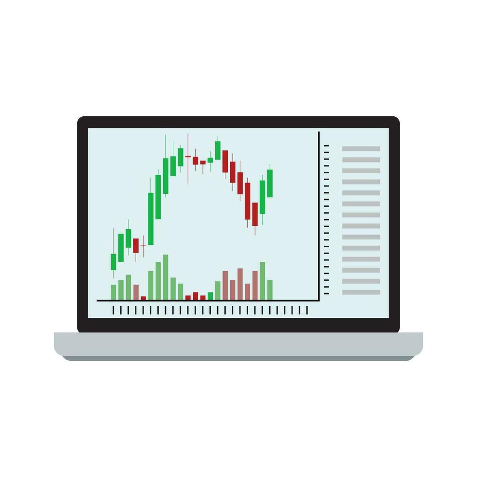 Stock chart of candle stick on laptop. Vector stock graph investment, bullish amd bearish strategy technical illustration