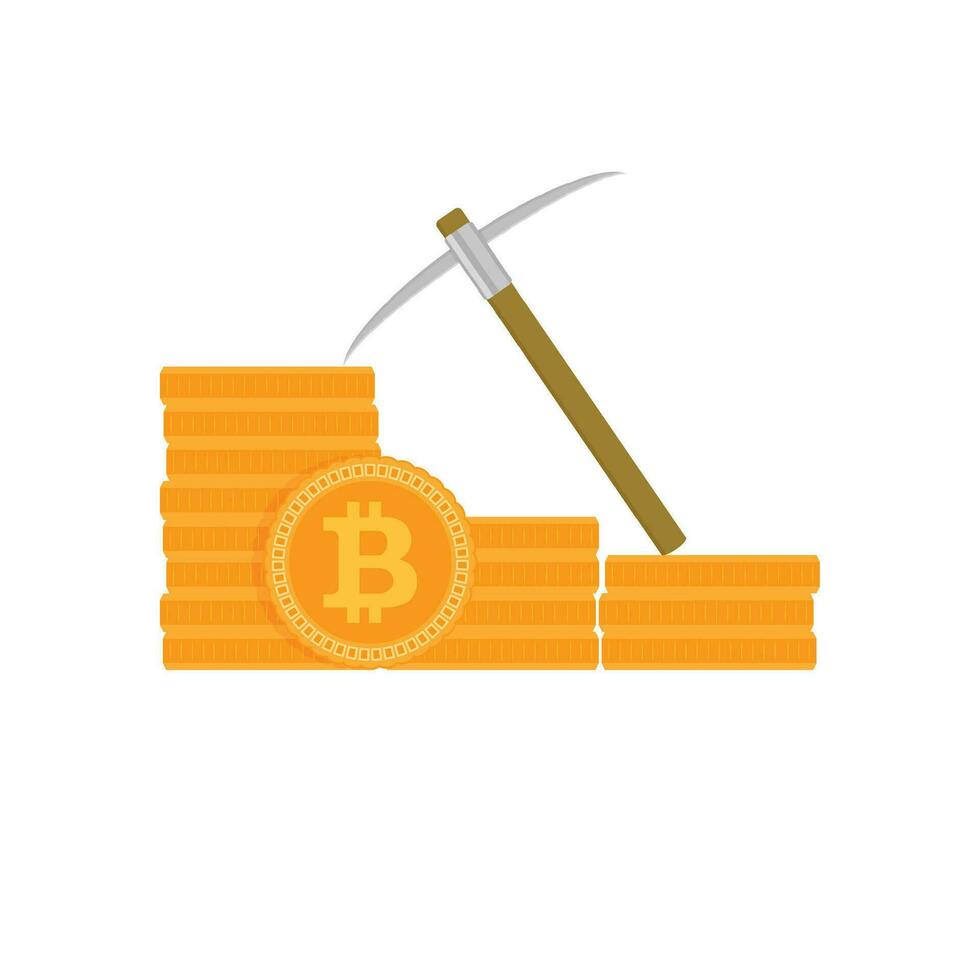 Mining golden bitcoin. Mining bitcoin golden, electronic finance, vector illustration