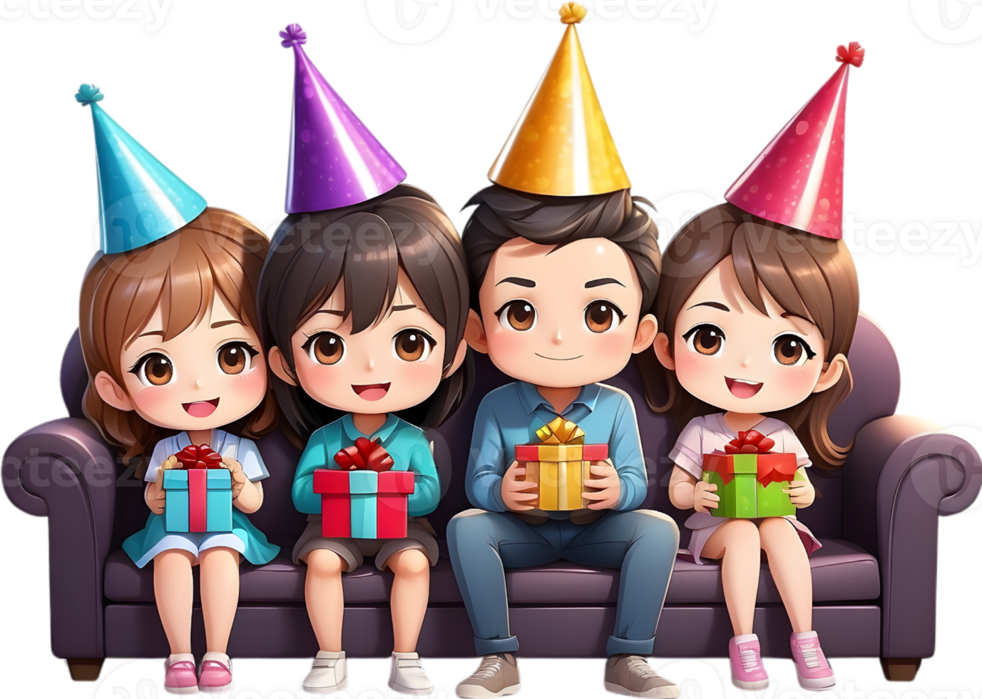 AI generated happy cartoon family sitting sofa with party hat ai generated png