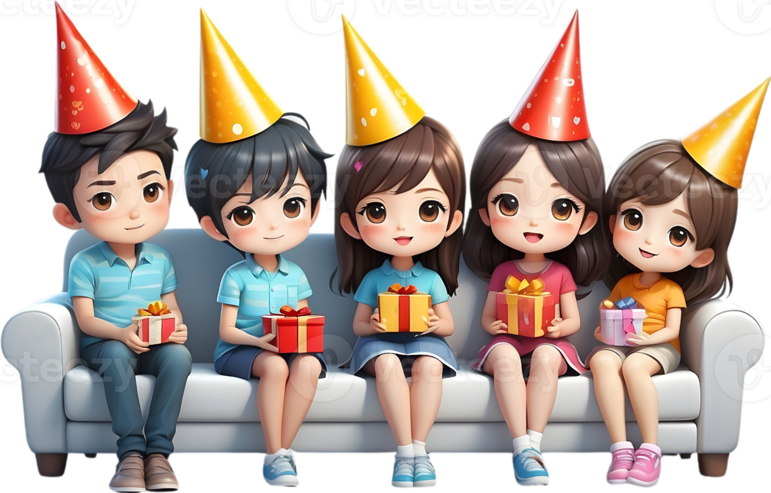 AI generated happy cartoon family sitting sofa with party hat ai generated png