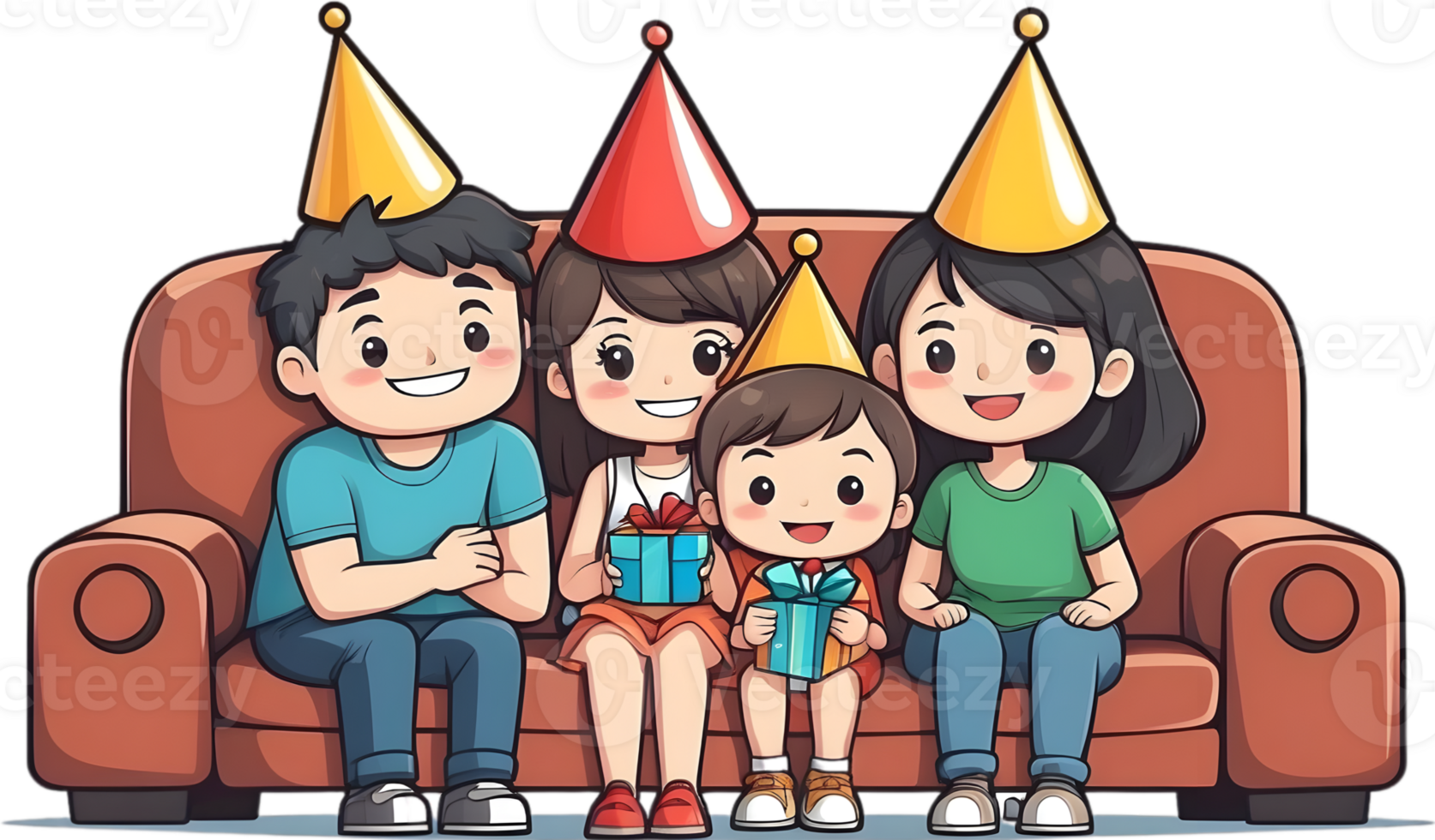 AI generated happy cartoon family sitting sofa with party hat ai generated png