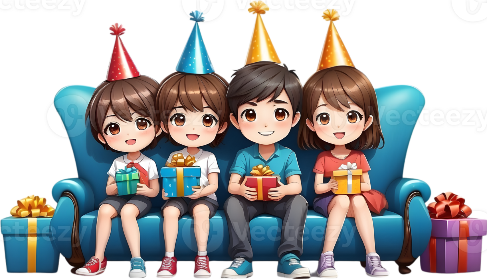 AI generated happy cartoon family sitting sofa with party hat ai generated png