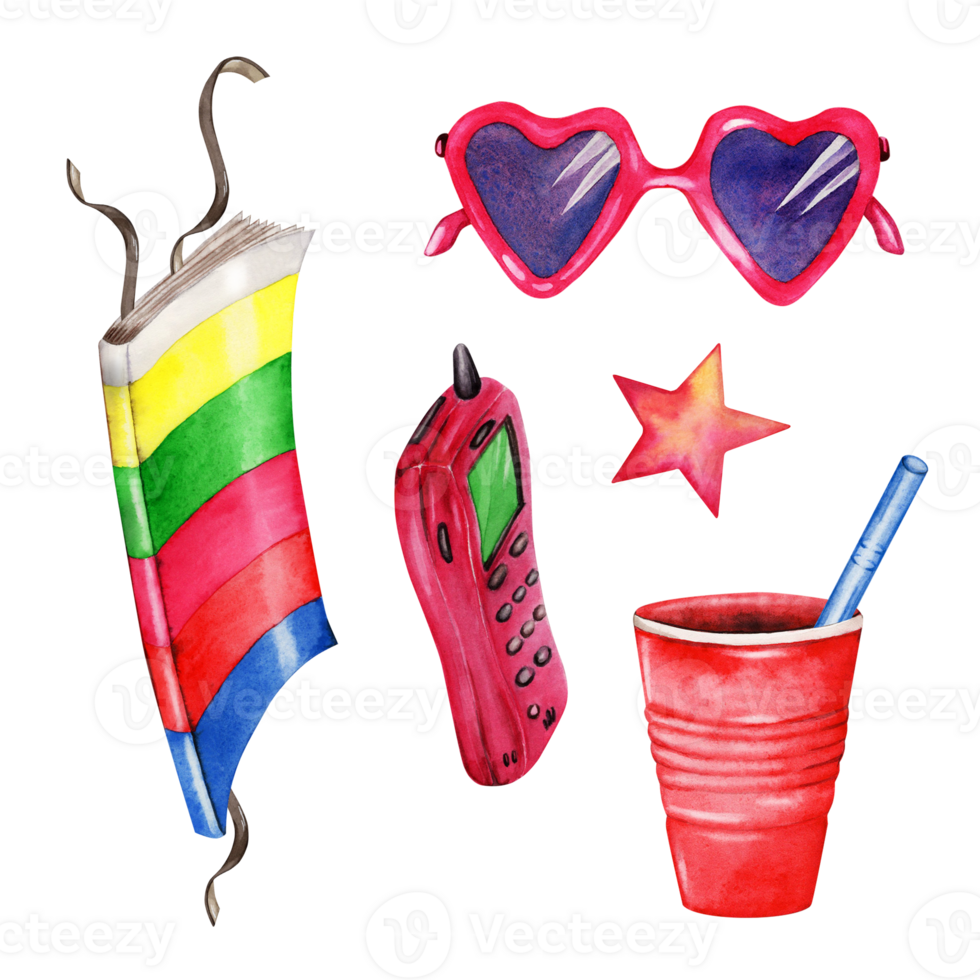 Magazine, pink mobile phone, red plastic cup with blue straw, heart shaped sunglasses and star set. Watercolor illustration isolated on transparent background. 80s 90s  funky retro design elements. png