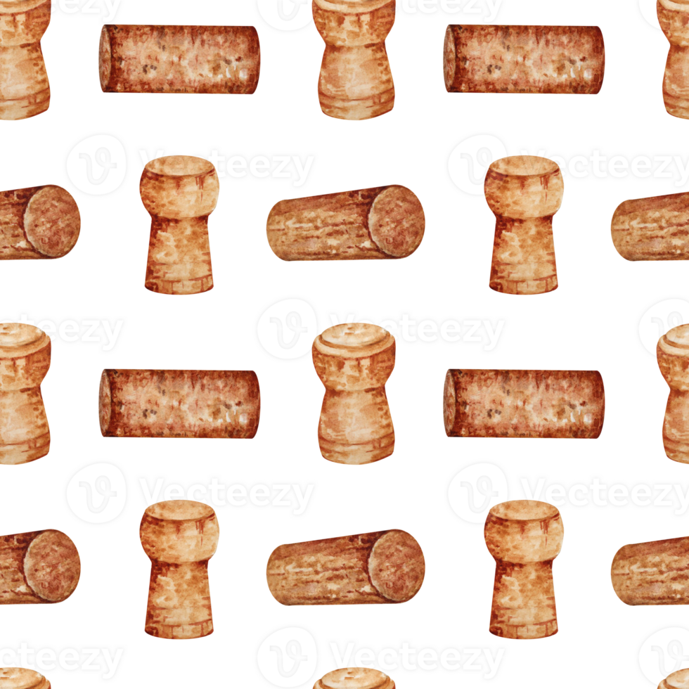 Seamless pattern with selection if champagne and wine corks design elements. Hand drawn watercolor illustration isolated on transparent background. Card, printing, textile, fabric, wrapping paper. png