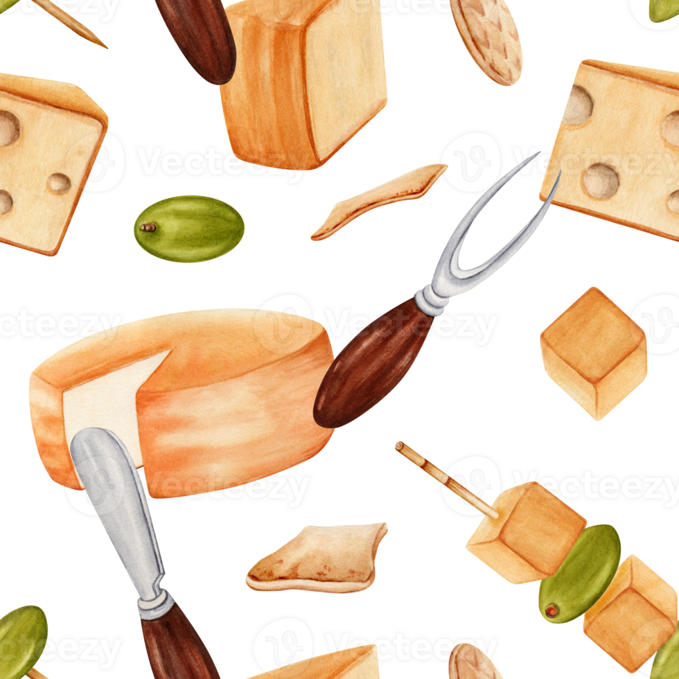 nahtlos Muster mit Grün Oliven, Stücke von Käse auf Spieße, Cracker, Messer und Gabel. Hand gezeichnet Aquarell Illustration isoliert auf transparent Hintergrund. Textil, Stoff, drucken, Karte Design. png