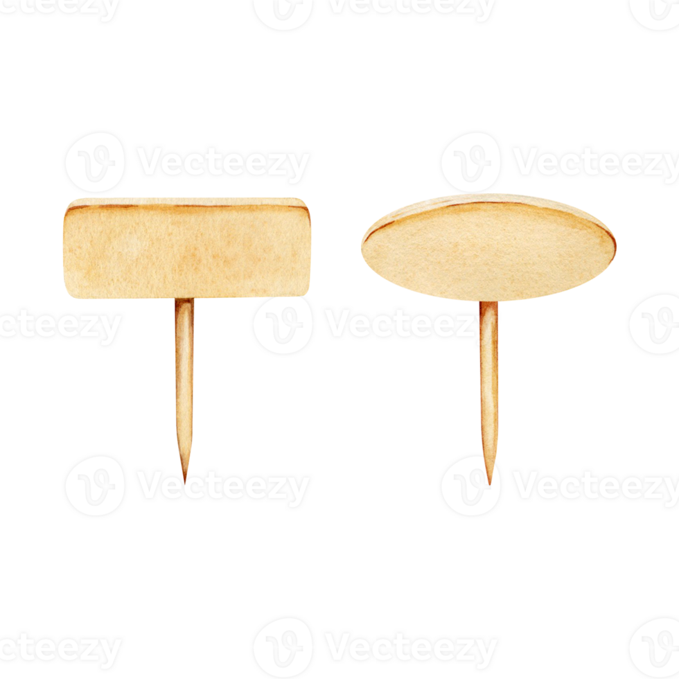 Two small wooden information labels. Round and rectangular empty picker stick banners. Watercolor illustration isolated on transparent background. Mock up sign ready for text, title, name, price. png