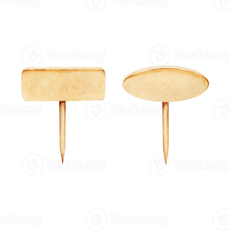 två små trä- information etiketter. runda och rektangulär tömma plockare pinne banderoller. vattenfärg illustration isolerat på transparent bakgrund. falsk upp tecken redo för text, titel, namn, pris. png
