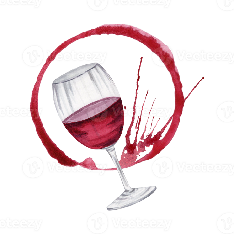 Watercolor illustration of a glass of red wine with splashes on transparent background. Wine list or restaurant menu isolated design element. Wine tasking or making cards, invitations, logo, brand. png