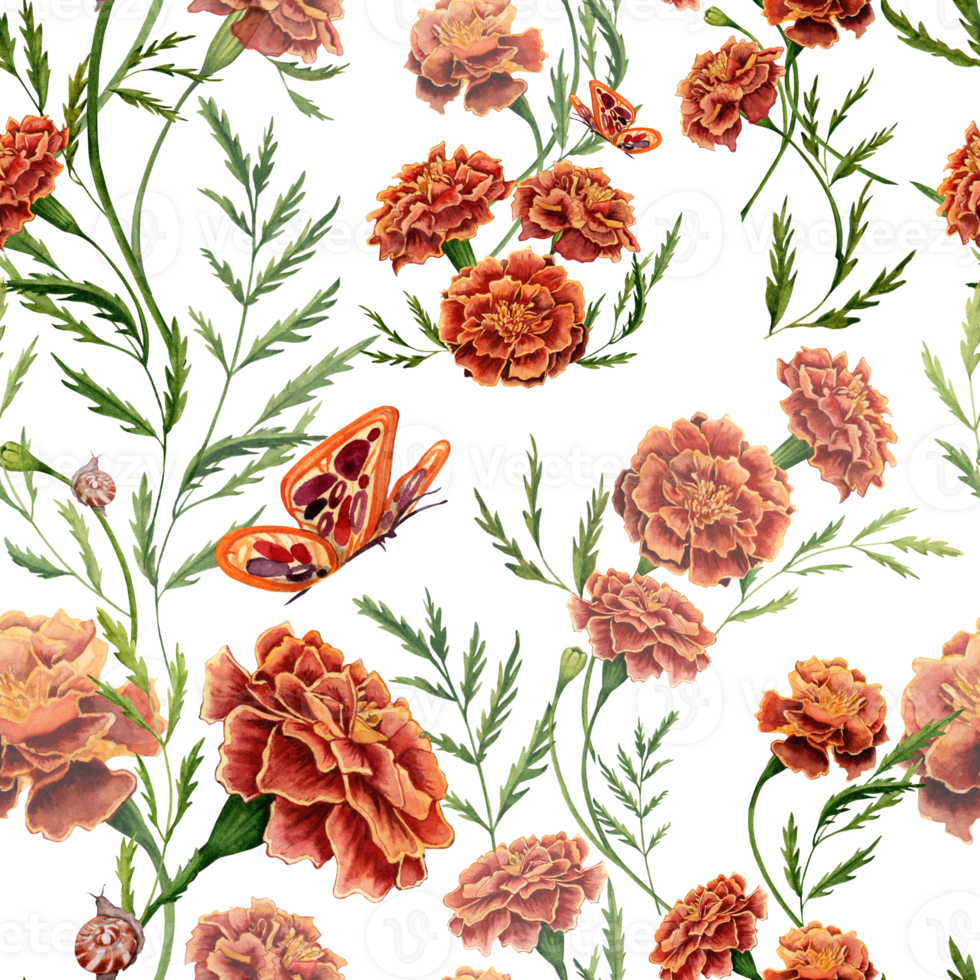 Seamless Pattern with Marigold Flowers, Green Leaves and Butterfly Watercolor Illustration. Hand drawn design element isolated on transparent background png