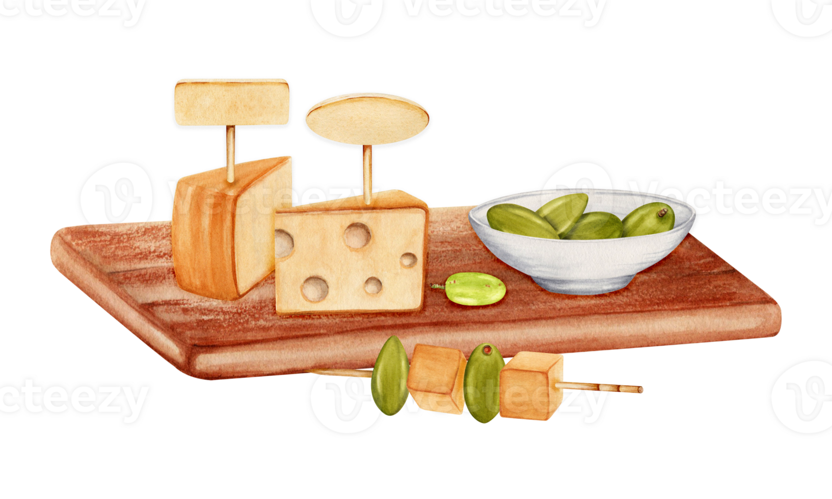 Composition with cheese, bowl of green olives on wooden board with food skewer. Hand drawn watercolor illustration isolated on transparent background. Picnic tasting spread. Empty mock up tag. png