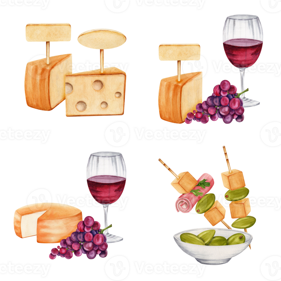 Cheese, bowl of green olives, food skewers, red wine and grapes compositions. Hand drawn watercolor illustration isolated on transparent background. Empty name tags. Cheese tasting design elements. png