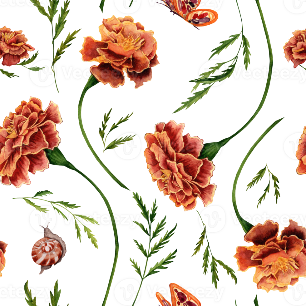 Seamless Pattern with Marigold Flowers, Green Leaves and Butterfly Watercolor Illustration. Hand drawn design element isolated on transparent background png