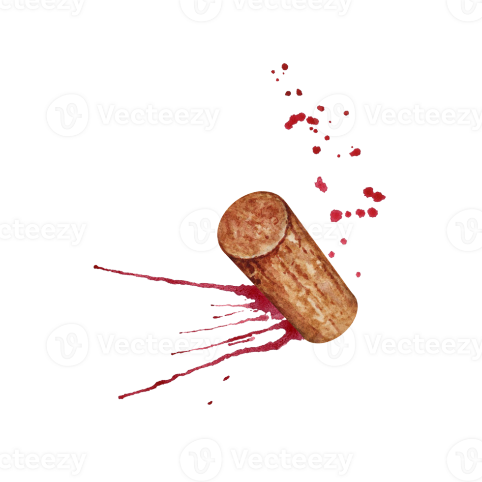 Wine cork with red wine splashes and splatter isolated on transparent background. Hand drawn