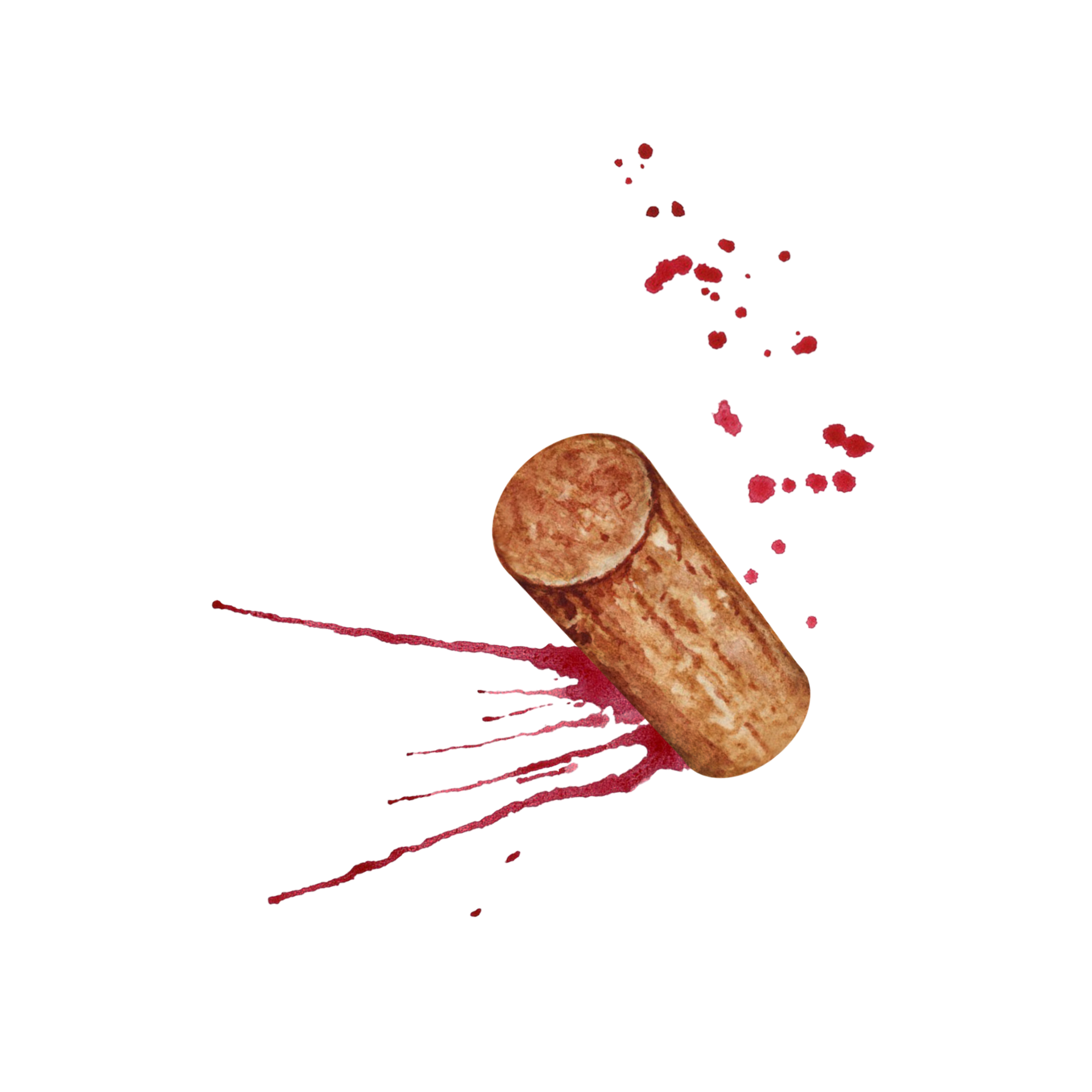 Wine cork with red wine splashes and splatter isolated on transparent