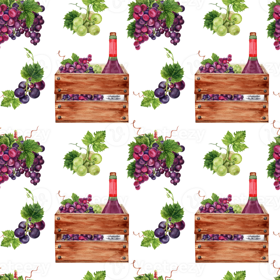 Wine making and grape harvest seamless pattern. Bottle of red wine in a wooden crate. Hand drawn watercolor illustration isolated on transparent background. Card, textile, fabric, wrapping paper. png