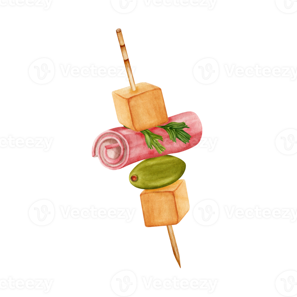 Finger food on a toothpick. Canape with cheese cubes, green olive and ham. Hand drawn watercolor illustration isolated on transparent background. Catering food design elements for logo, card. png