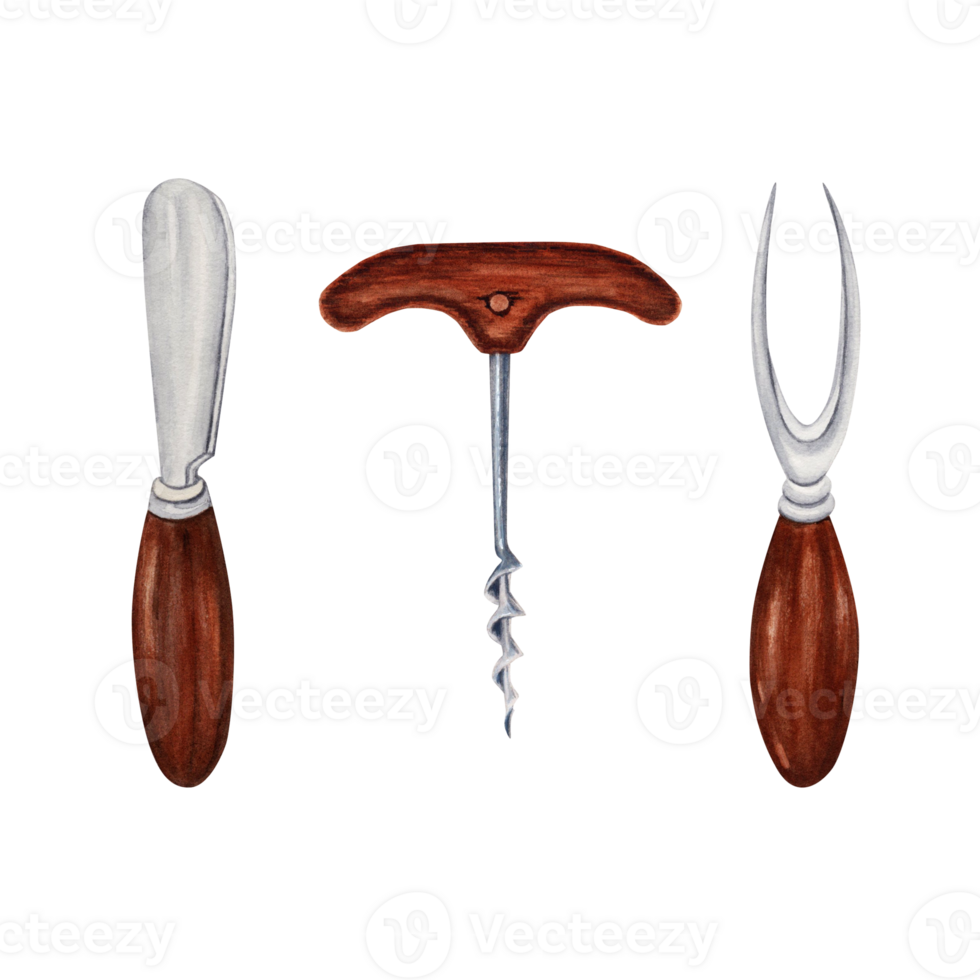 Metal knife, fork and corkscrew with wooden handles. Hand drawn watercolor illustration isolated on transparent background. Collection of cheese and wine serving tools. Cutlery design elements. png