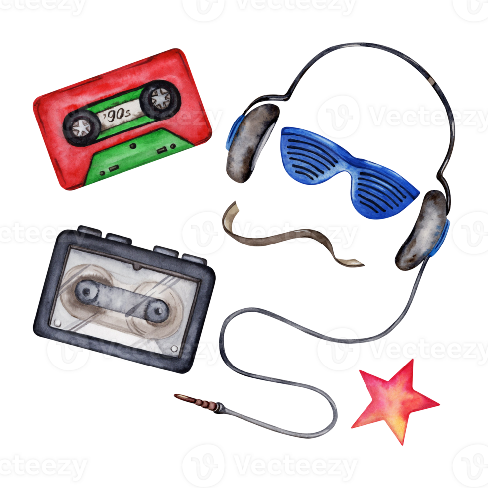 Headphones, sunglasses, audio cassette, portable player, star mini set. Hand drawn watercolor illustration isolated on transparent background. 80s 90s style retro design elements. Youth, teen culture. png