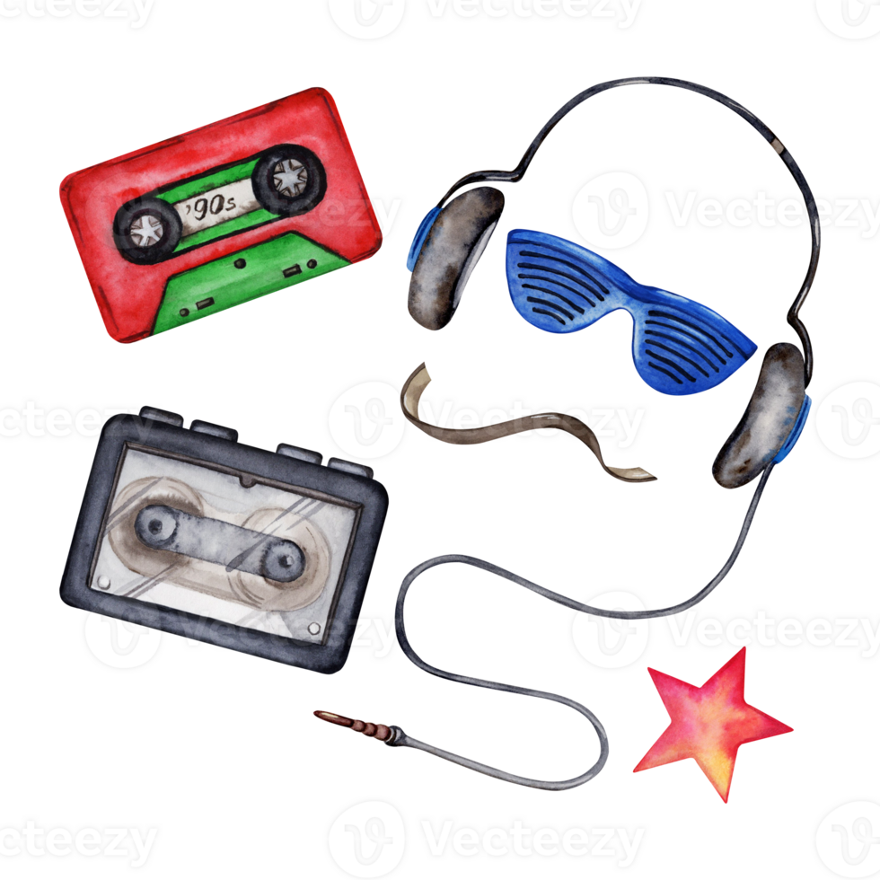 Kopfhörer, Sonnenbrille, Audio- Kassette, tragbar Spieler, Star Mini Satz. Hand gezeichnet Aquarell Illustration isoliert auf transparent Hintergrund. 80er Jahre 90er Jahre Stil retro Design Elemente. Jugend, Teen Kultur. png