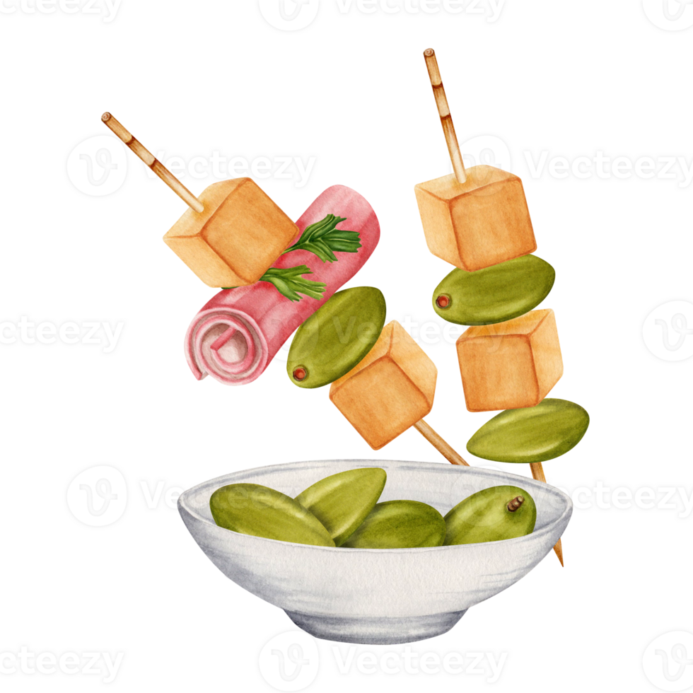 Seamless pattern with plate of green olives, pieces of cheese, ham and parsley on skewers. Hand drawn watercolor illustration isolated on transparent background. Textile, fabric, print, card design. png