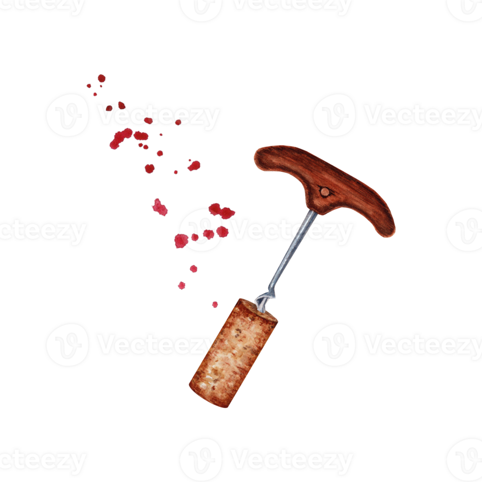 Wooden corkscrew with wine cork and red splatter isolated on transparent background. Watercolor illustration. Composition perfect for menus, restaurants, wine bars, invitations png