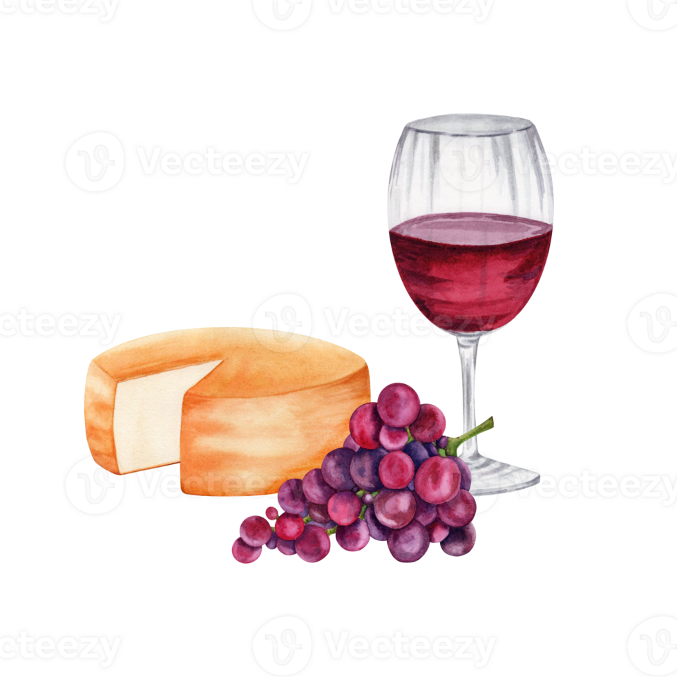 Composition with cheese, a glass with red wine and a bunch of grapes. Hand drawn watercolor illustration isolated on transparent background. Rustic chic style picnic tasting platter. Restaurant menu png