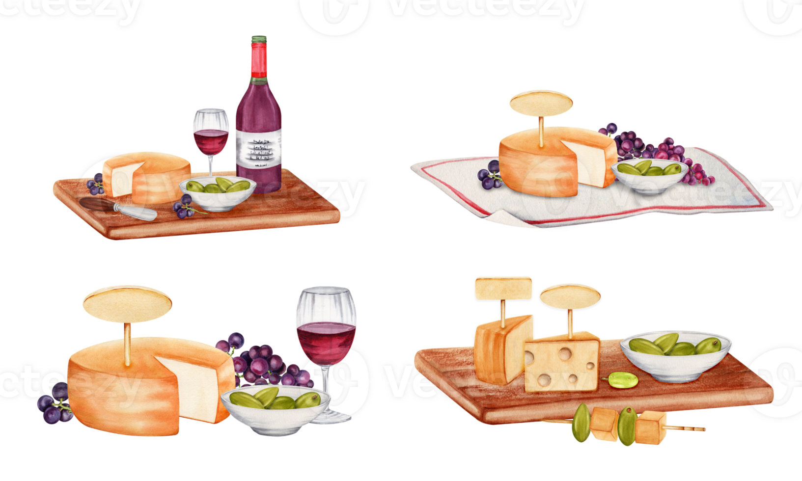 Cheese, bowl of green olives, food skewers, red wine and grapes on wooden board. Watercolor illustration isolated on transparent background. Empty name tags. Cheese tasting design elements. png