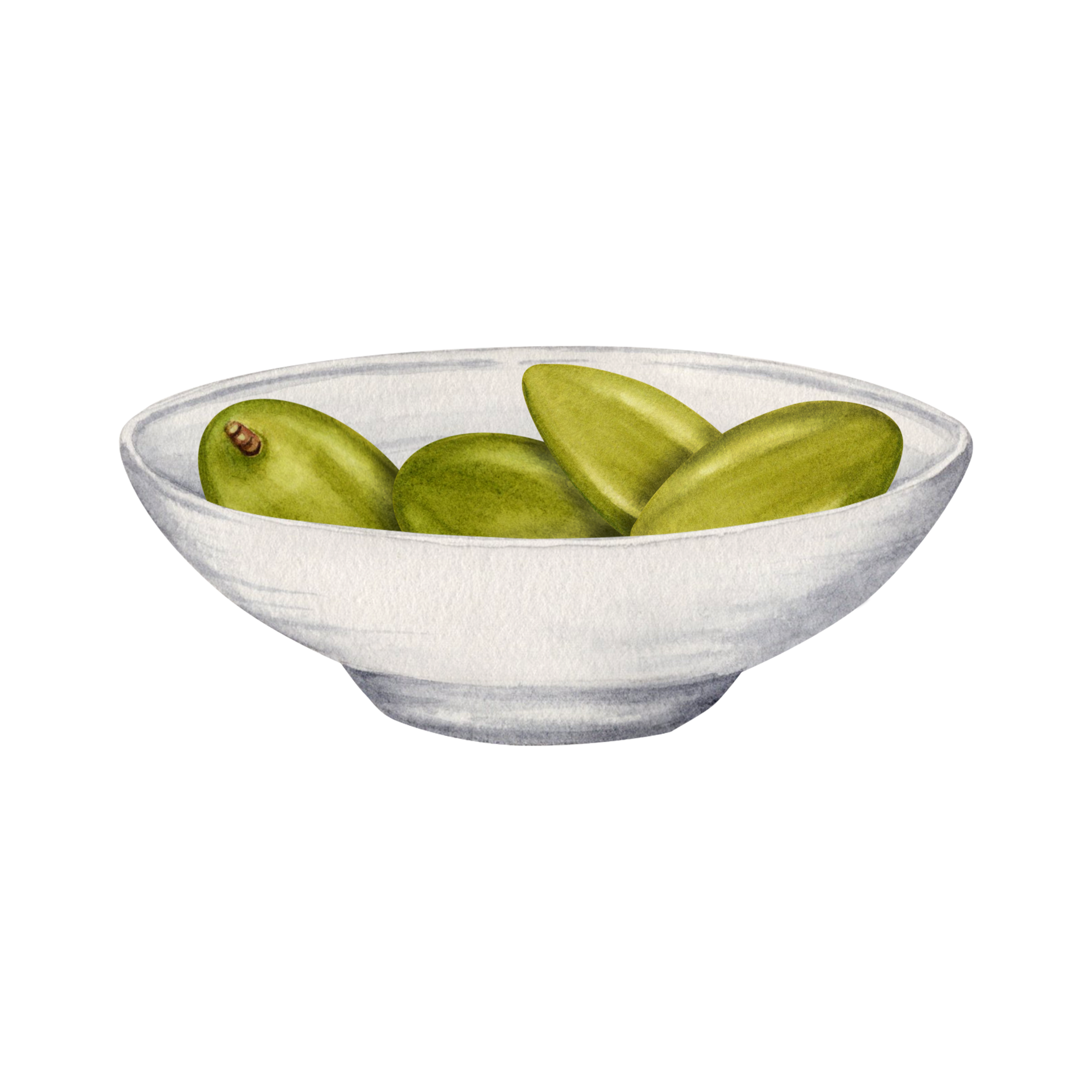 ein klein Porzellan Teller mit Grün Oliven. Vorspeise Portion Schüssel ...