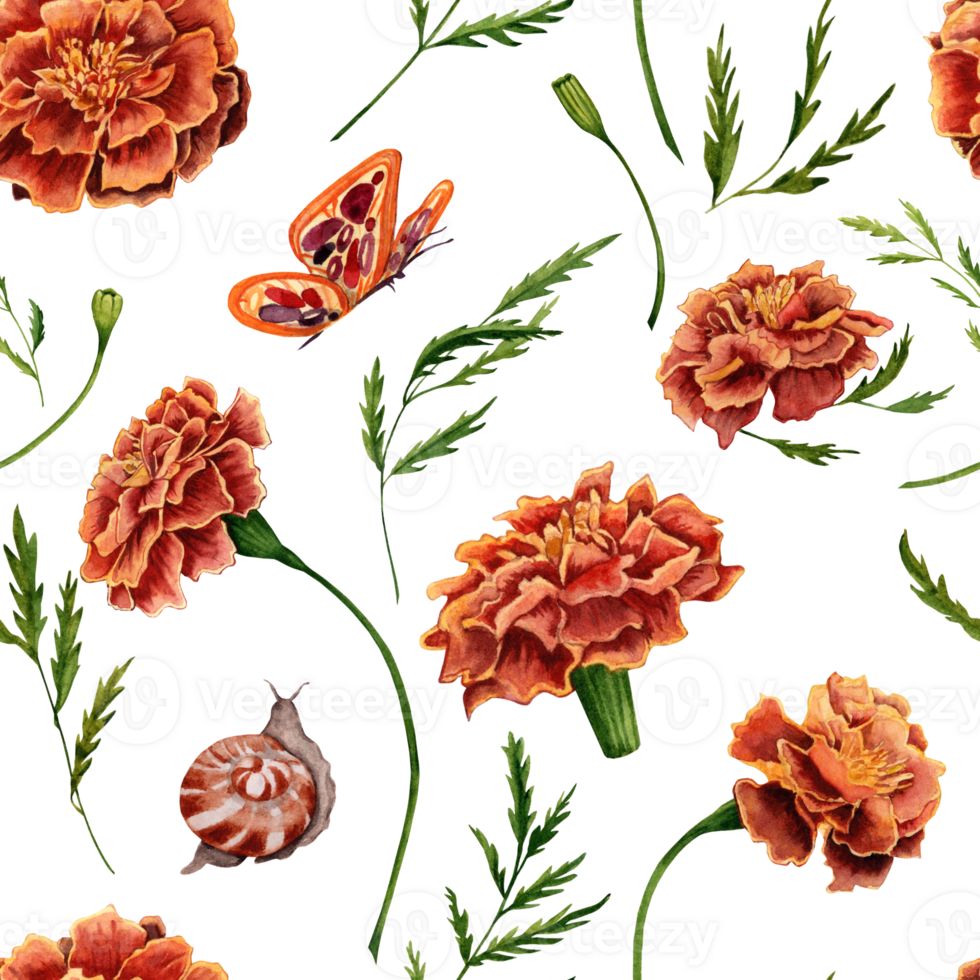Seamless Pattern with Marigold Flowers, Green Leaves and Butterfly Watercolor Illustration. Hand drawn design element isolated on transparent background png