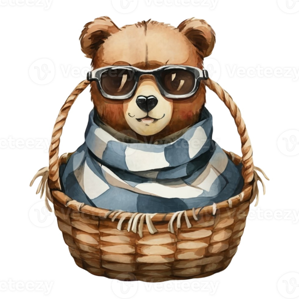 AI generated Bear wearing a blanket  in a basket png