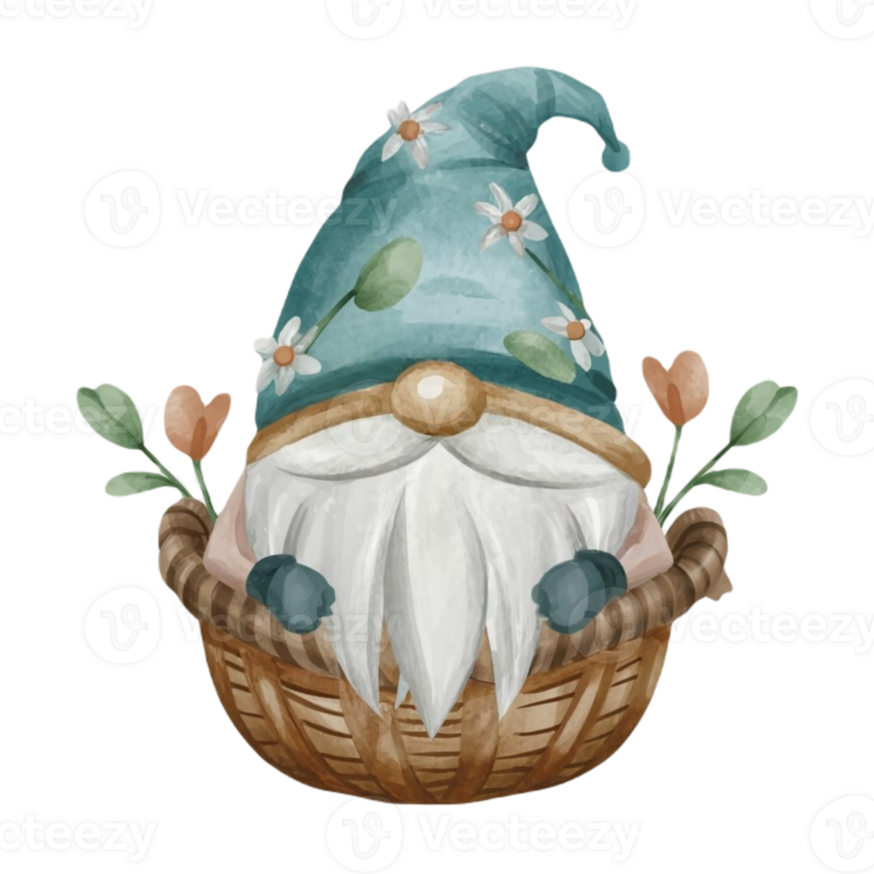 AI generated Gnome  wearing a blanket sitting in a basket png