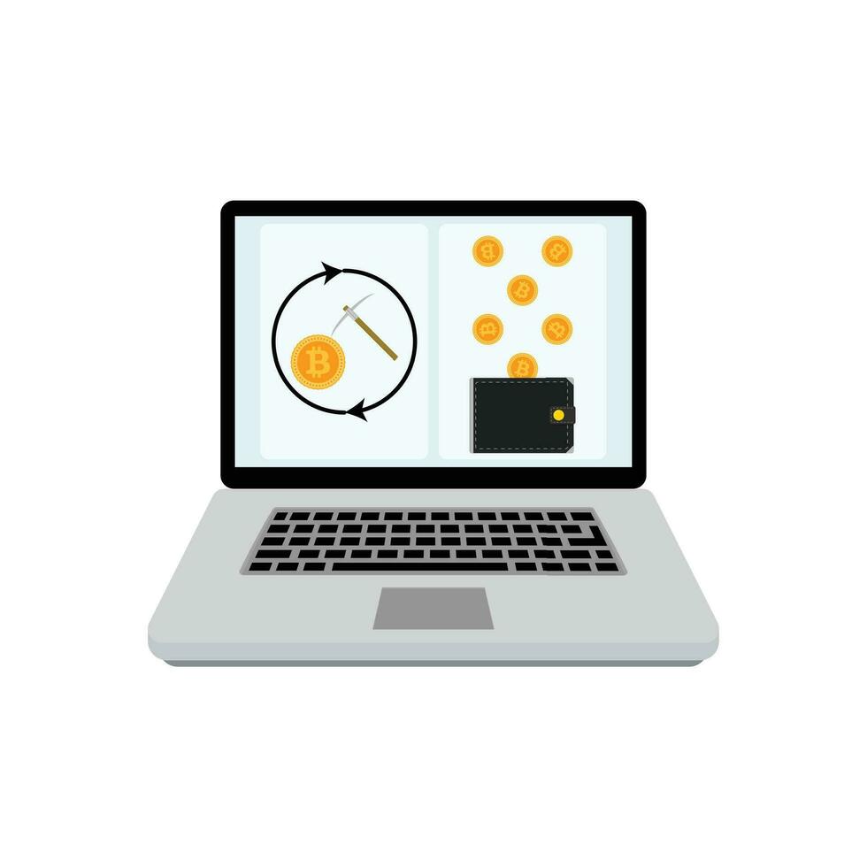 Mining bitcoin laptop. Vector finance coin mining, internet technology exchange illustration