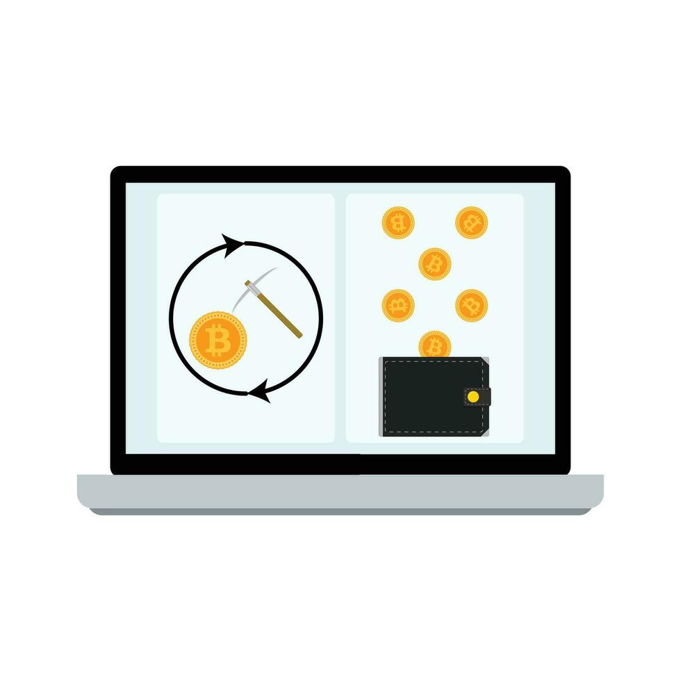 Mining laptop screen. Bitcoin mining, innovation business. Vector illustration