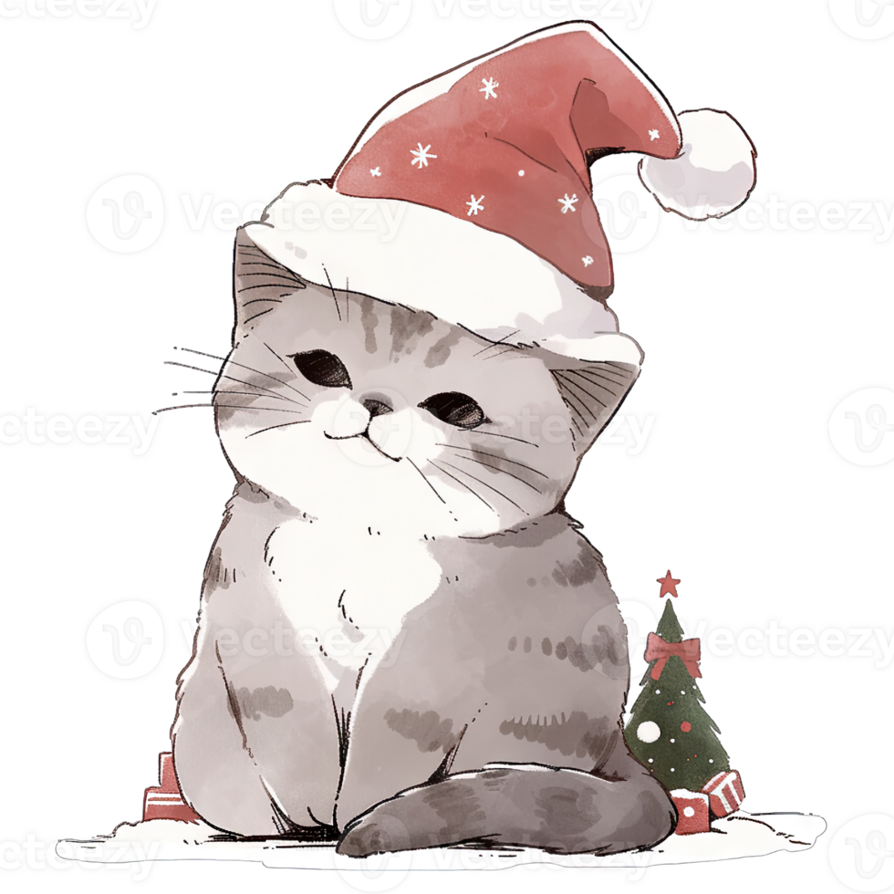 AI generated Gray cat wearing a red Santa hat on Christmas holiday png
