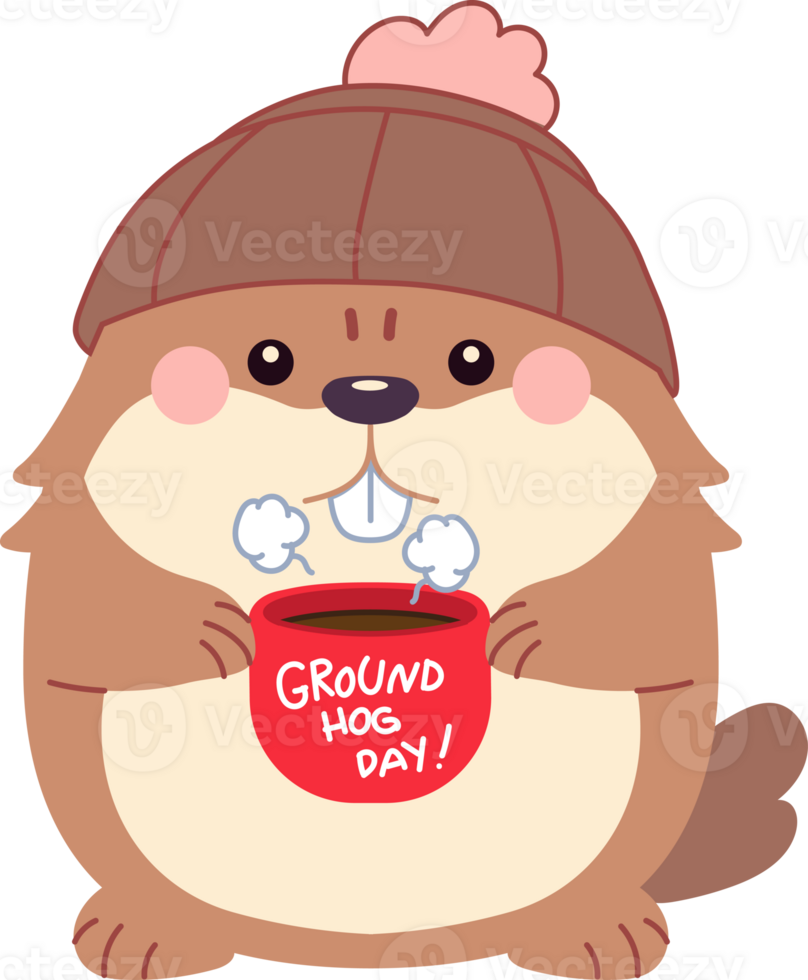 Groundhog with coffee mug cartoon style illustration set png