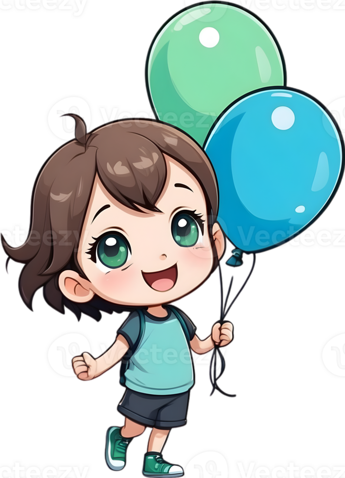 AI generated cartoon child holding balloons,  ai generative png