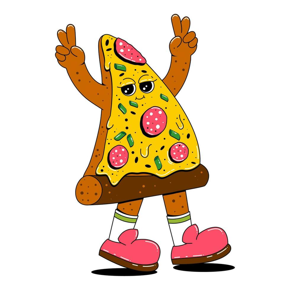 Pizza character in retro cartoon style. A piece of pizza with a funny expression on its face, arms and legs. Vector illustration in flat style.