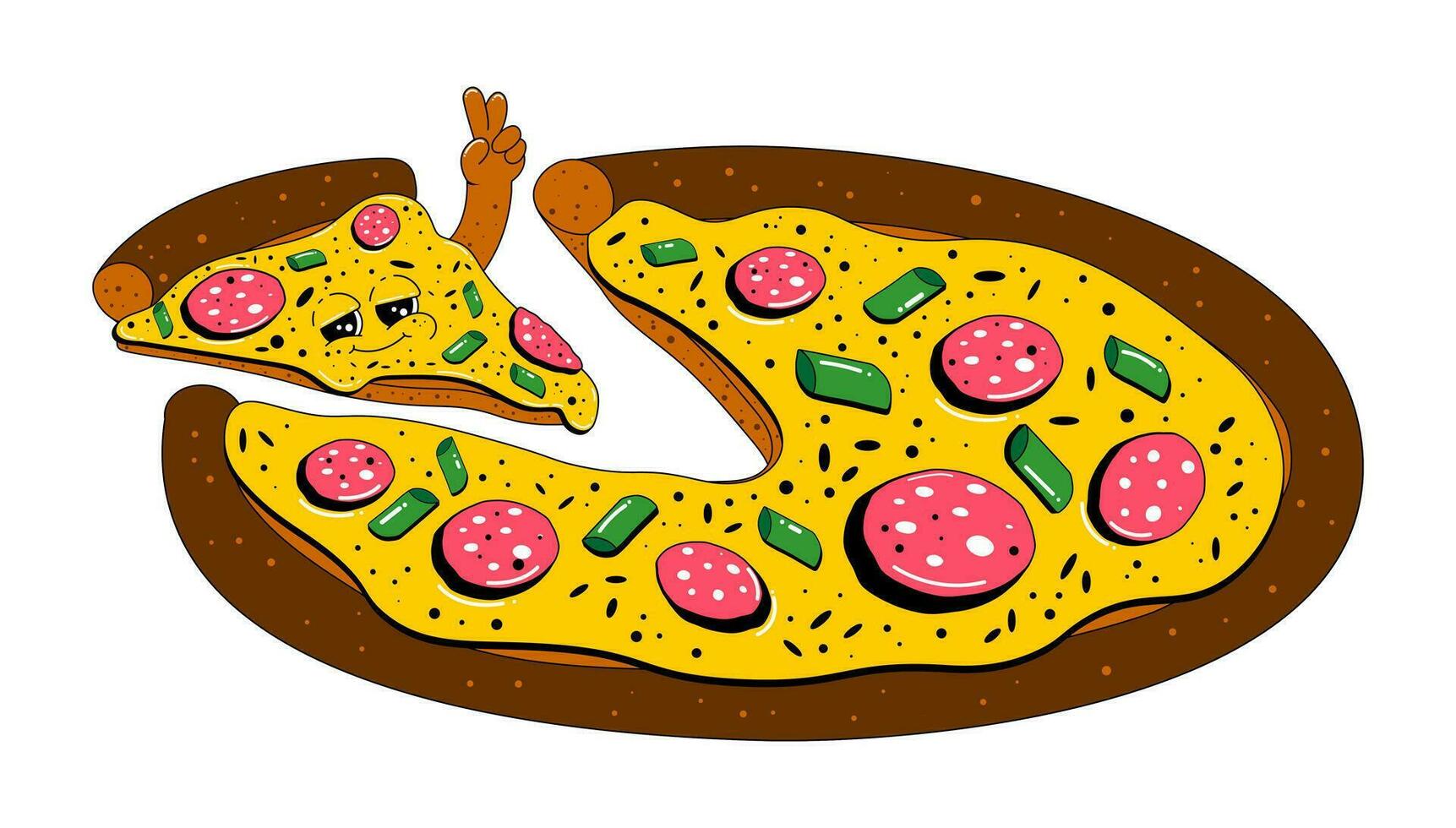 Pizza character in retro cartoon style. A piece of pizza with a funny expression on its face. Vector illustration in flat style.