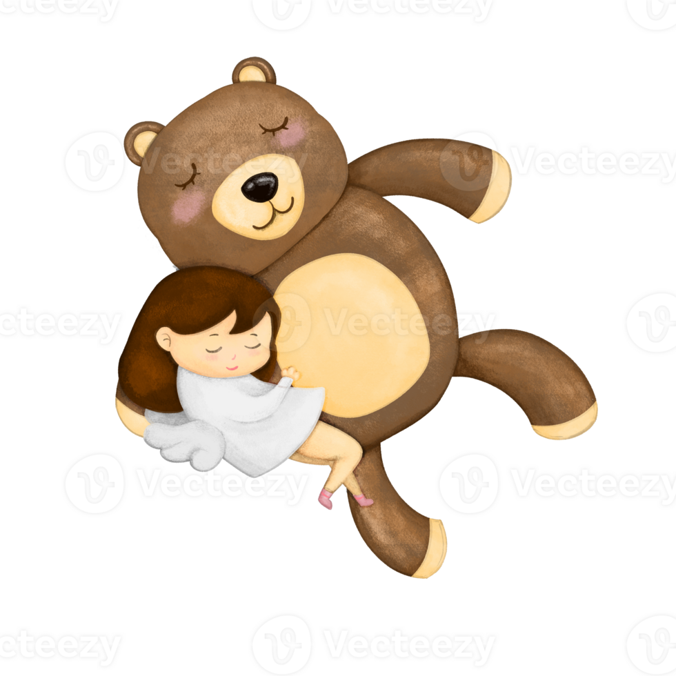 girl sleep hug bear sweet dream friend isolate draw paint illustration design png
