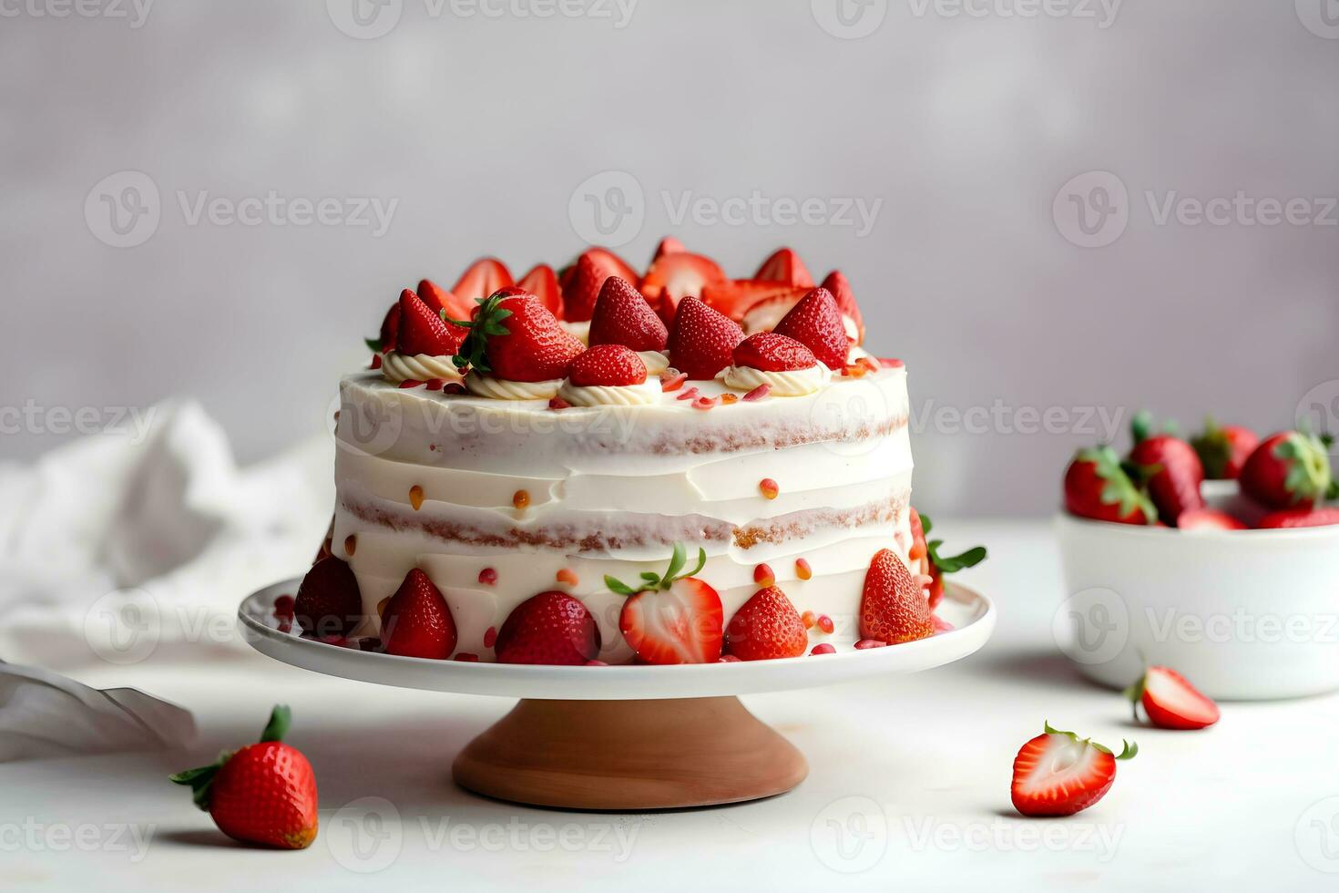 Delicious strawberry biscuit cake torte dessert with fresh berries and butter cream on concrete background. Ai generated. photo