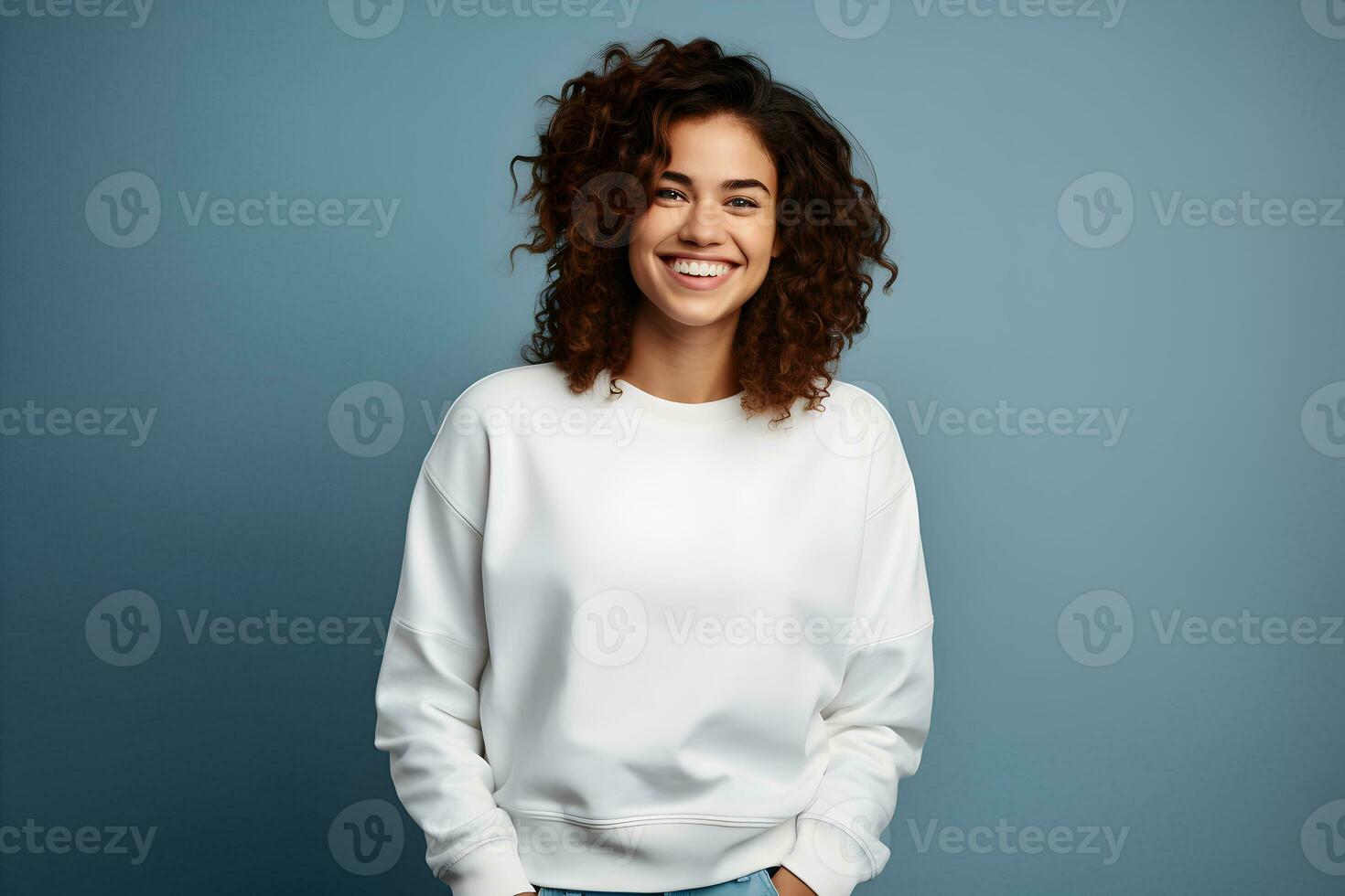 Young woman wearing white sweatshirt mockup, at dark blue background. Design pullover template, print presentation mock-up. Generated AI. photo