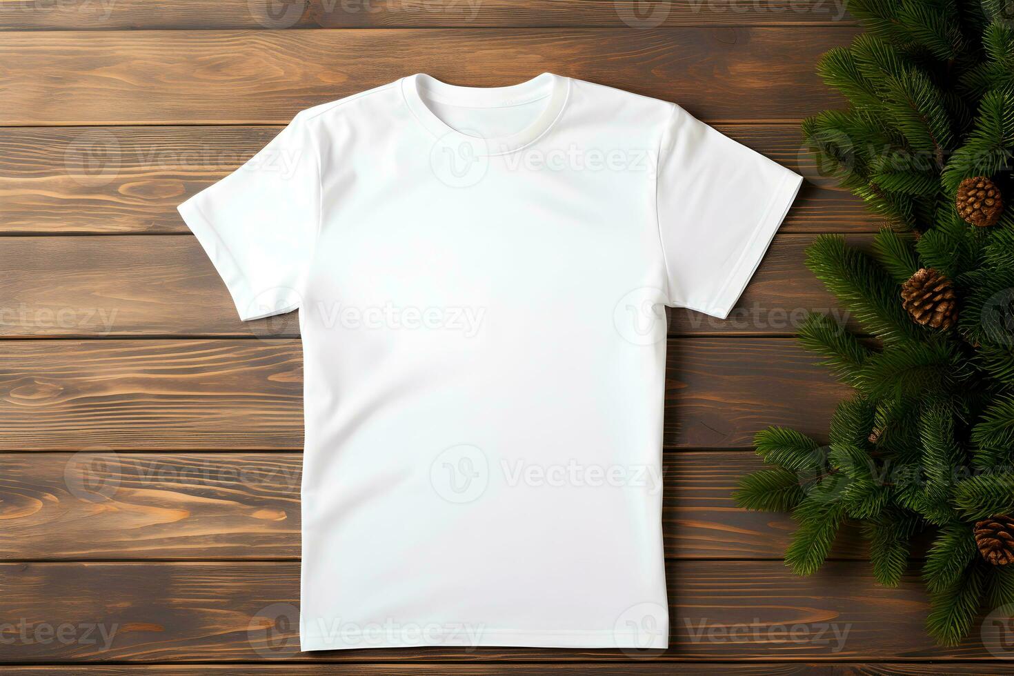 White womens t-shirt christmas mockup with fir tree branches on wooden background. Design t shirt template, print presentation mock up.  AI GenerativeTop view flat lay. photo